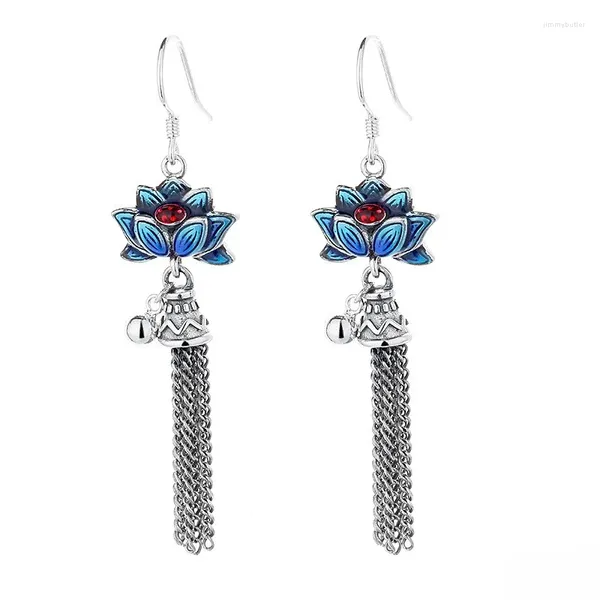 Orecchini a pennaglie 139fr Zfsilver S925 Silver Korean Fashion Trendy Classic Cloisonne Cloisonne Lotus Tassel Bell Charm Gioielli per ragazze donne