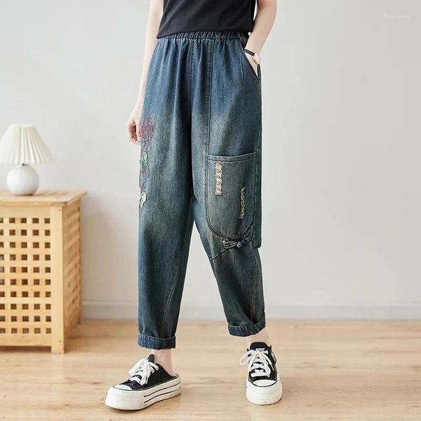 Frauen Jeans Korean Fashion Ladies Punk Streetwear Frauen gedruckt blau warm Vintage Jeanshose Harem Hosen lässig