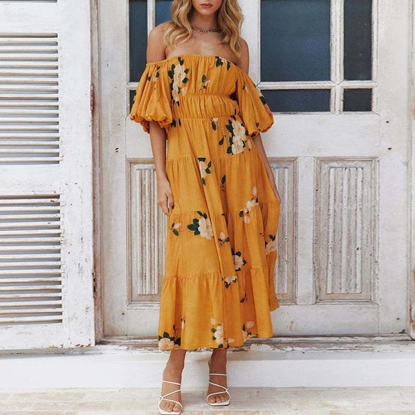 Abiti per feste vacanze Slash Neck Boho Beach Dress Sexy Off Spalla Stampa Floro Pieghe Elegante Manica a vita alta Long