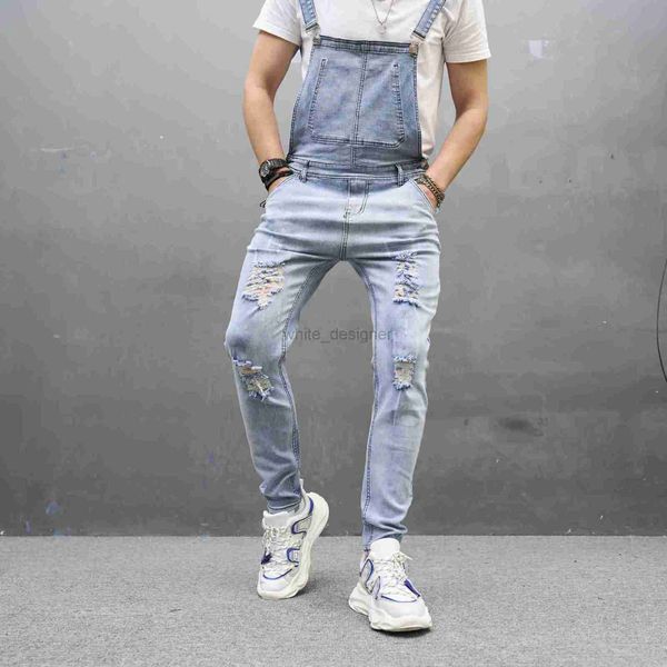 Дизайнерские джинсы для мужчин Новые мужчины Слим -подсадка Перфорированный плечевой ремешок маленькие брюки в длину