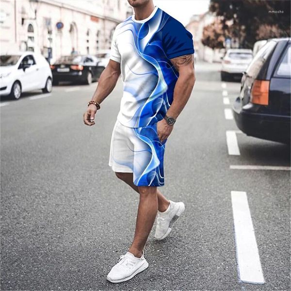 Erkeklerin Trailtsits 3D Çizgi Birleştirme Serin Şık Takım Yuvarlak Boyun T-Shirt Şort Kısa Sleevedtwo-Pieceset Sportif ve Modaya Modeli Erkekler