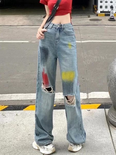 Jeans gamba larga donna stile europeo in stile retrò a metà strada streetwear sciolte harajuku estate vernice basic unisex unisex all-match wash