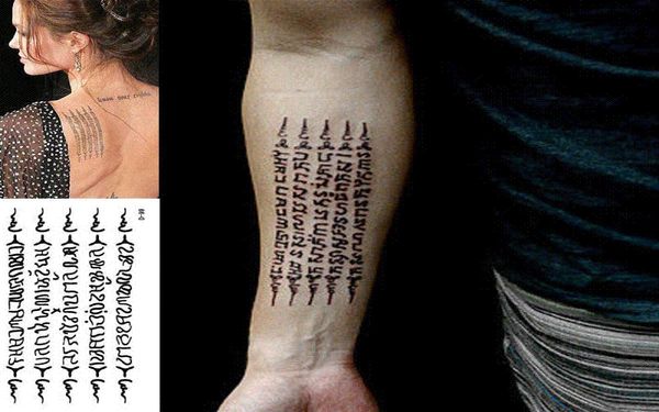 Scritture buddiste ARM 3D Tattoos Angelina Jolie Adesivo del tatuaggio temporaneo con paragrafo Donne di alta qualità Sexy Makeup7667735