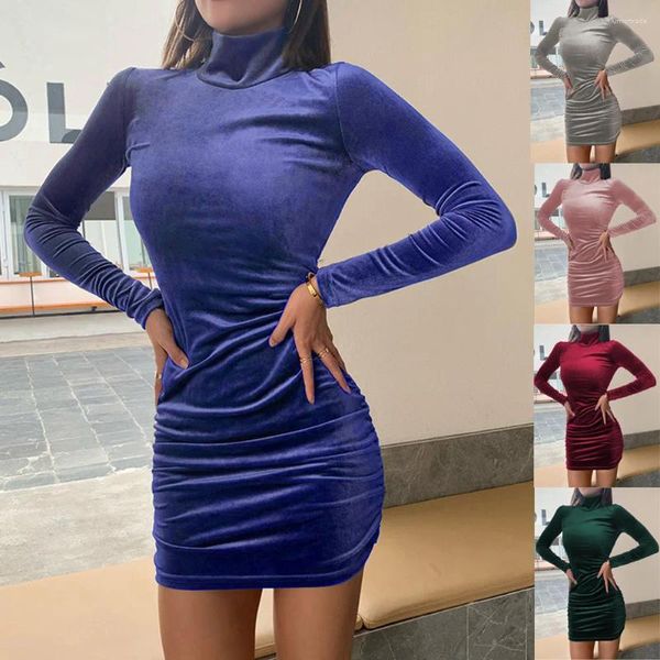 Lässige Kleider Frühling Velvet Kleid Frauen Langarm Turtleneck Bodycon falten Mini MINI MIT