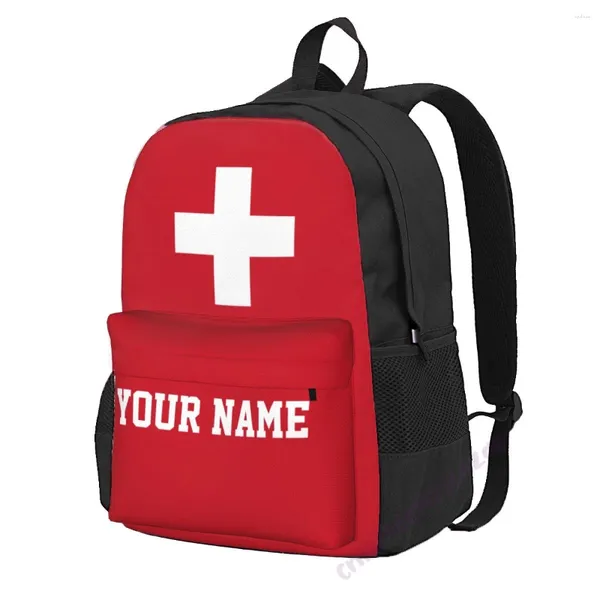 Backpack benutzerdefinierte Name Schweiz Flagge Polyester für Männer Frauen Reisen Tasche Freizeitstudenten Wandercamping