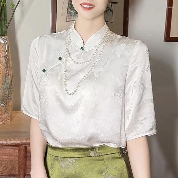 Blusas femininas cetim camisa de estilo chinês de verão estampas de seda vintage soltas mangas curtas mulheres tops roupas de moda ycmyunyan