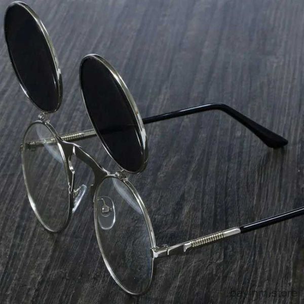 Sonnenbrille Retro Flip Round Sonnenbrille Mann Frau Metall Steampunk Stil Sonnenbrille Männliche weibliche doppelte kreisförmige klare Linsen Brille