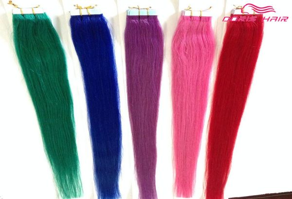 Verkauf von Silky gerade Tape Haare Erweiterungen Mischen Sie Farben Pink Red Blue Purple Green Tape im menschlichen Haarband auf dem Haar4525123