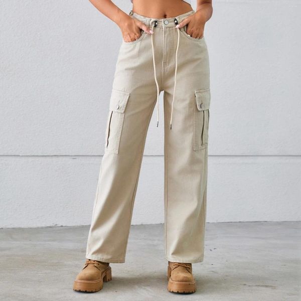 Pantaloni cargo per jeans da donna per donne casual di colore solido denim corsettable lavato pantaloni con vita alta sciolta