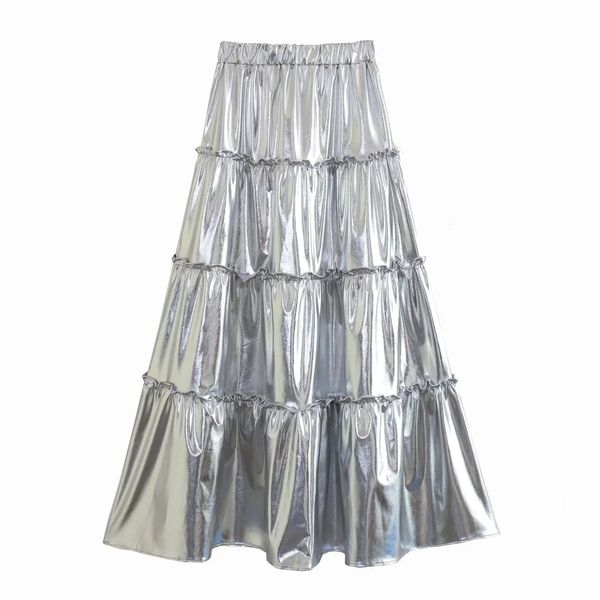 METALLIC FLOWY A-LINE-Röcke mit metallisch plissierten Flüchtlingen High Street Womens High Elastic Taille Cake Midi Rock für Straßenparty 240407