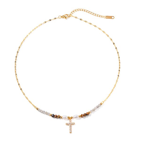 Designer Retro Pearl Cross Colar para mulheres Titanium Steel Batilhado 18K Gold Water Pérola Pérola Zircão Jóias de Moda de Moda Pingente Cruzada