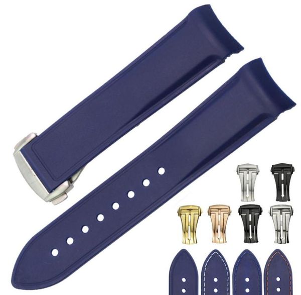 Faixa de relógio de borracha de extremidade curva 22mm Novo HQ Mens Blue Diver tira com botão de push hidden buckle1242408