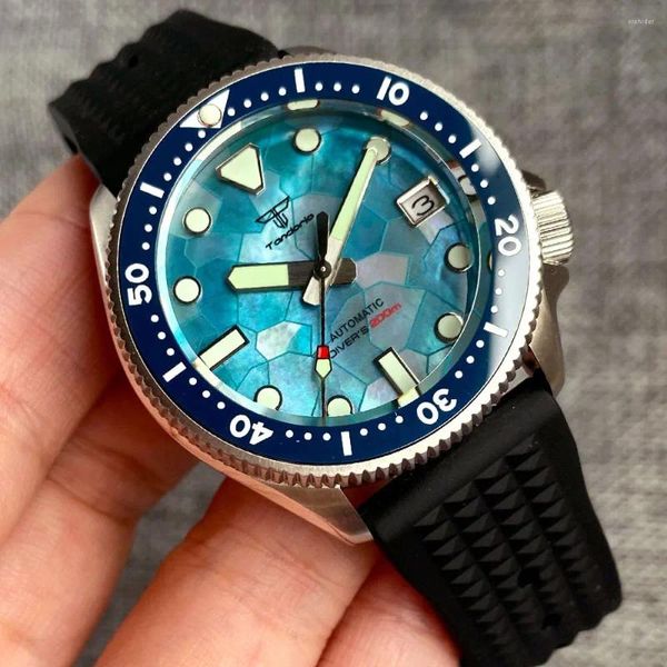 Orologi da polso tandorio mop quadrante 20bar immersione impermeabile orologio meccanico uomini 37mm orologio da polso in acciaio giappone nh35 3.8 corona piccolo sport reloj