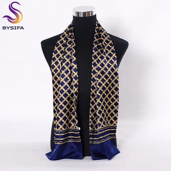 Bysifa Navy Blue Gold Men Men Men Silk Sarves Accessories Осень Зимние мужчина чистые шелк с длинными шарфами Cravat 160*26 см 240323