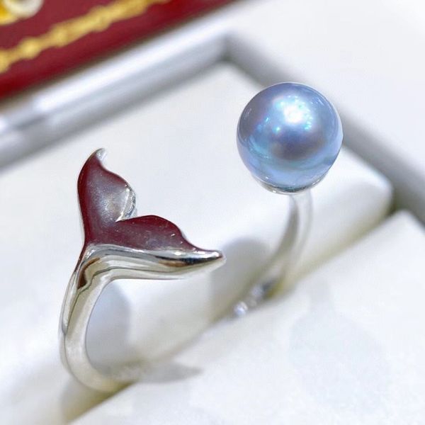 22091802 anel de jóias da caixa de jóias de diálogo 6-6 5mm akoya azul pérola branca banheira de ouro 925 prata sereia ajustável cauda de peixe aberto257v