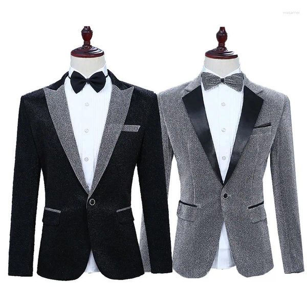 Herrenanzüge schlanker Fit Blazer Dressjackets Mann Bühnen Kostüm Schwarz grauer leuchtender Abschlussballanzug