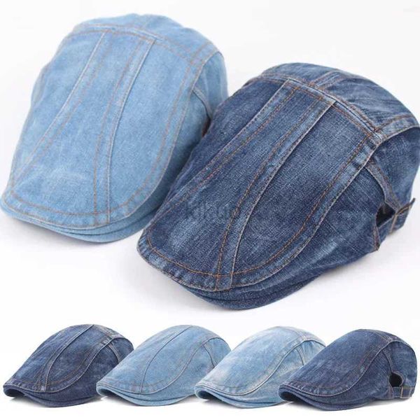 Df7l Beretler Sonbahar kot pantolon erkekler için kovboy bere şapka kadınlar gündelik unisex vintage denim bere kapağı donatılmış güneş cabbie düz kapağı gorras d240418