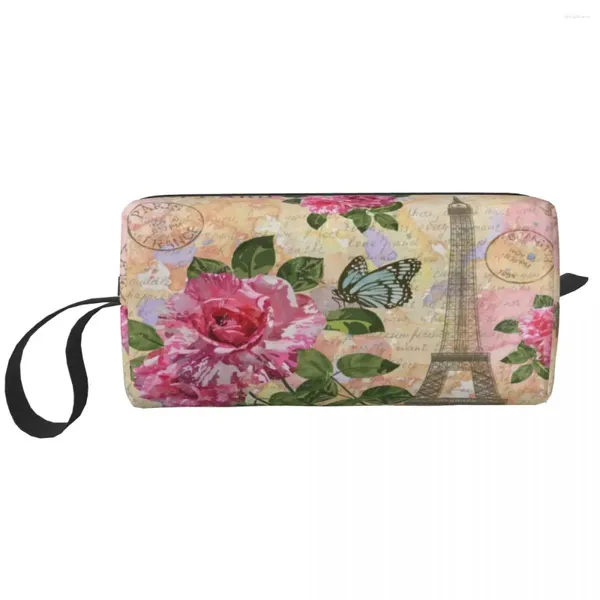 Bolsas de armazenamento viajam France Paris Eiffel Tower Higieness Bag Kawaii Flor Rosa Maquiagem Cosmética Organizador Mulheres Beleza Dopp Case