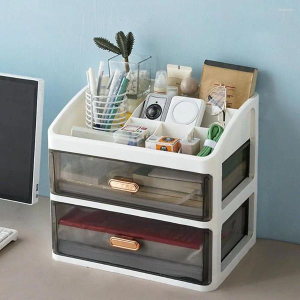 Caixas de mesa de armazenamento Caixa de desktop com 2 gaveta clara de grande capacidade, suprimentos de escritório de bancada, contêiner de organizador cosmético de papelaria