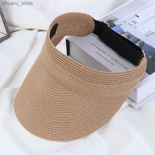 Visier Sommer Mode Strandhut Cooler leerer oberer Stroh faltbarer Kappe für Frauen mit Breiterkrempe Sunhat Outdoor UV Schutz Sonnenvisier Hut Y240417