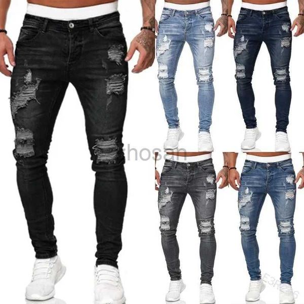 Herren Jeans Neue modische Streetwear zerrissener magerer Männer Vintage Wash Solid Jeanshose Herren lässig Slim Fit Bleistifthose Hot Sale D240417