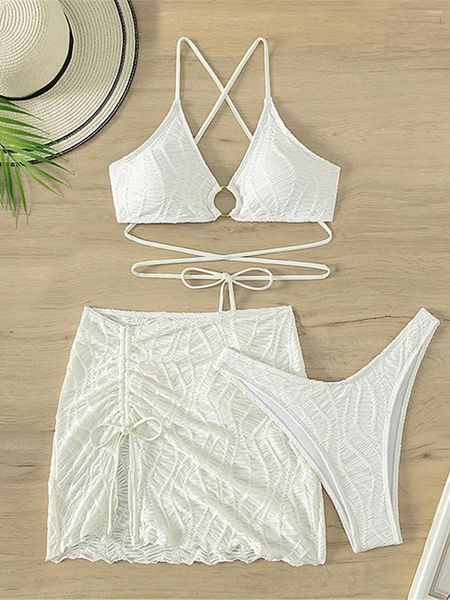 Swimwear femminile S - XL con gonna rugosa Halter Bikini femmina femmina Swimsuit a tre pezzi Set di costume da bagno Swiming Swim K4679