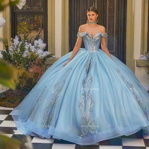 Princesa azul -céu fora do vestido de bola de ombro Quinceanera Aplique Lace Renda Minchas Tull Sweet 16 vestidos vestidos de xv 15