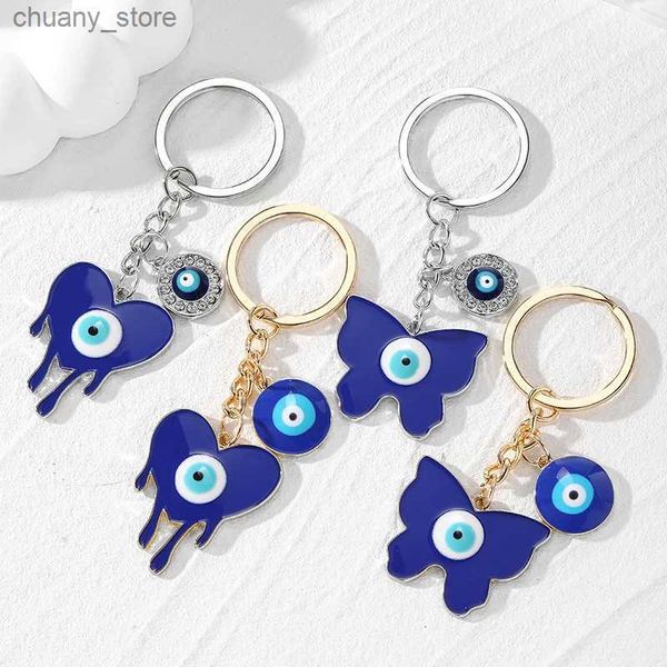 Tornari Cannocchiati Zircone Evil Evil Eye Butterfly Heart Taseel Coppia Keey Ringele Ringe unica unica Accessorio per auto a borse blu turca blu turca Y240417