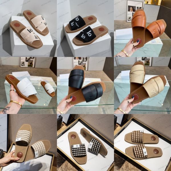 Woody Sandals für Frauen Damen Schriftzeichen Choel Stoff Leinwand flache Mules Luxus Damen Sommerplattform Sliters Wedge Espadrille Chioe Holzrutsche Schnüre