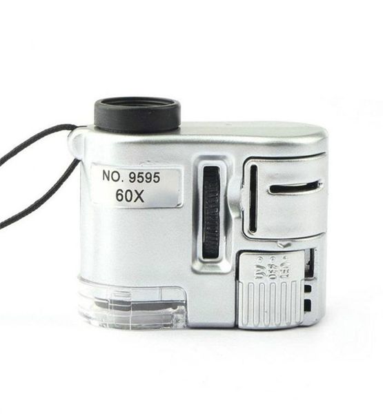 Mini 60x светодиодный ультрафиолетовый карманный карманный микроскоп украшения лупа портативное портативное портативное устройство для увеличения стеклянной валюты Detector8861510