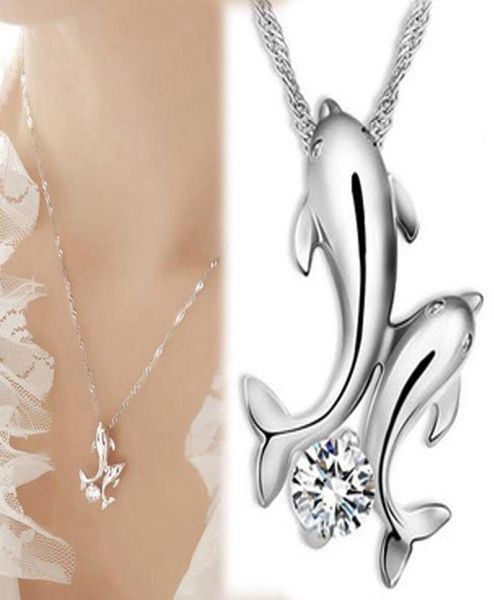 Anhänger Halsketten süße Delphin Halskette 925 Silber Doppel Delphin Strass kurzkettige Halskette Frauen Mode Schmuck PI3569967