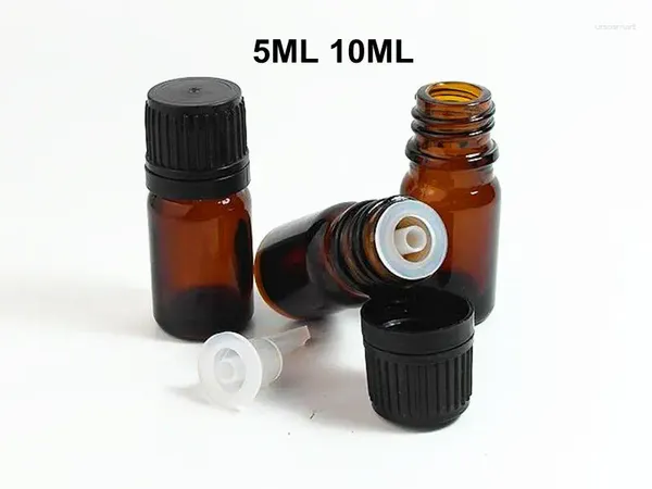 Bottiglie di stoccaggio 10pcs 5 ml da 10 ml di vetro ambra per olio essenziale contenitori cosmetici 5 cc con tappo di plastica