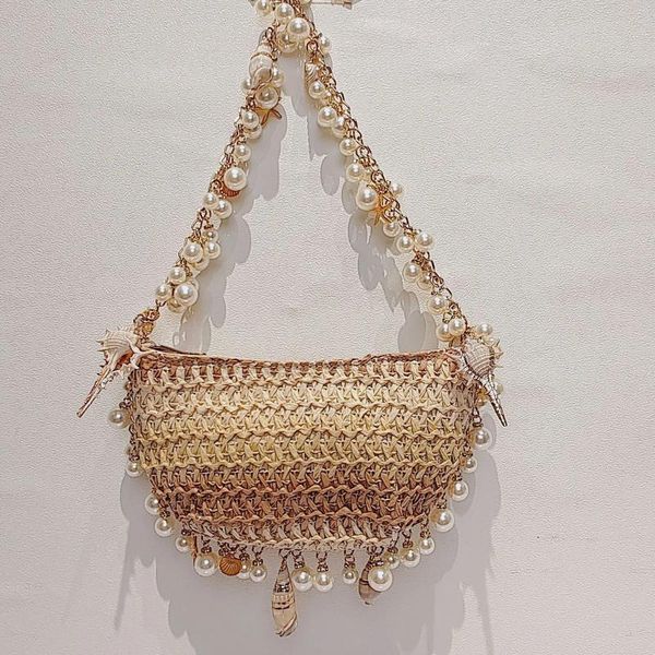 Totes Bohemian Pearls Straw Bag Conch Starfish Bolsas Mulheres Bolsas de ombros de ombro de praia Halte Lua Rattan Bags Crossbody Bags