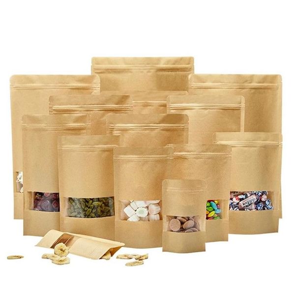 Bolsas de embalagem lote de 100pcs Stand Up Kraft Paper Bolsa de vedação reutilizável bolsas com armazenamento transparente de janela para alimentos secos cof dhjvd