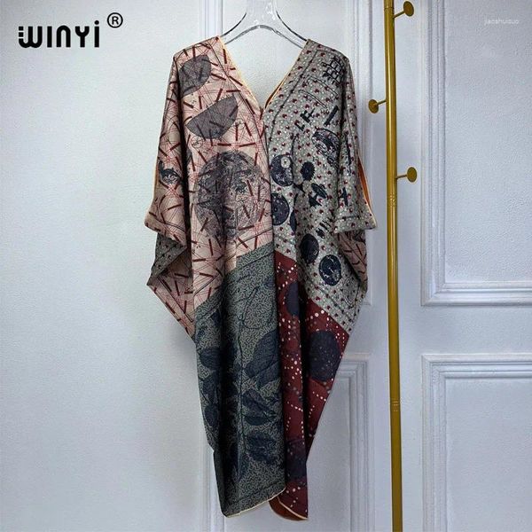 Ethnische Kleidung Winyi Beach Sexy V-Ausschnitt Kleid Hochwertiger Boho-Druck elegant Maxi Frauen Abendparty Kaftan Abaya Muslimin Dubai