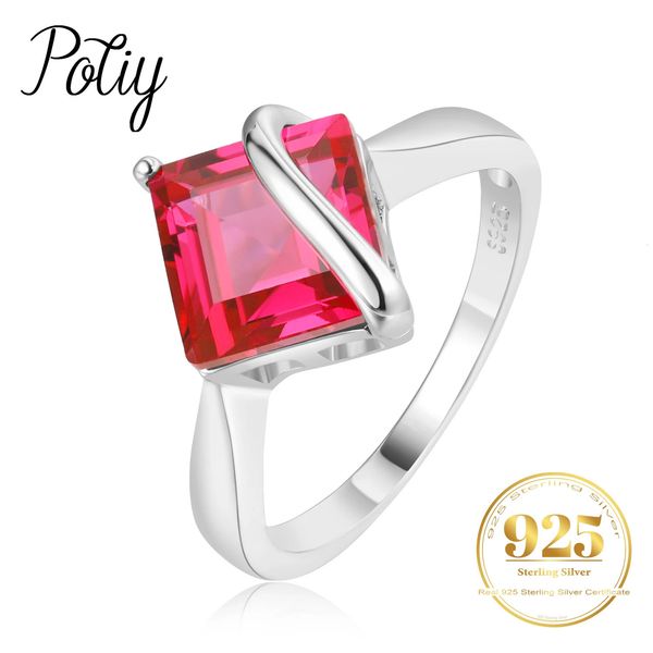 Potiy Square Red criou Ruby 925 Sterling Silver Rings for Women Fashion Gemstone Jewelry Solitarire Engagement Band 240417