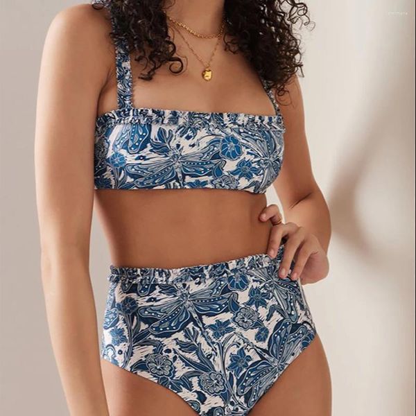 Moda feminina de moda de banho azul biquíni de biquíni se sexy impressão floral de duas peças push up