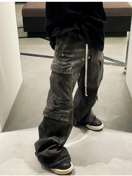 Jeans jeans denim fumoso grigio gravido pesante lavaggio sporco lunghi pavimenti da lavoro da lavoro robusto stile streetwear resistente comfort