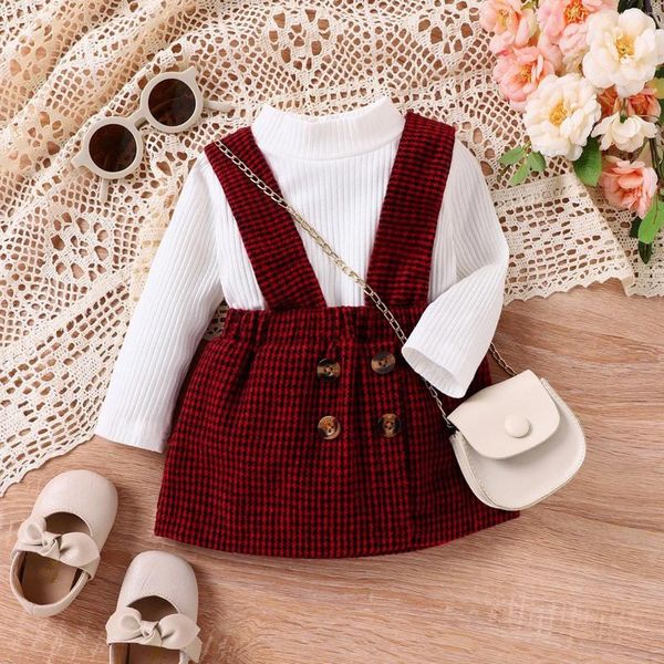 Roupas conjuntos de 3-24m meninas meninas roupas de inverno 2pcs roupa de renda branca colarinho de laca de renda com as saias da xadrez vermelha nascidas nascidas de natal