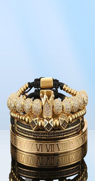 4pcsset Gold Hip Hop Hand gemachtes Perlenarmband Kupfer Pave Cz Zirkon Kronhöre Römische Ziffernarmbänder Bangeln Schmuck 6406443