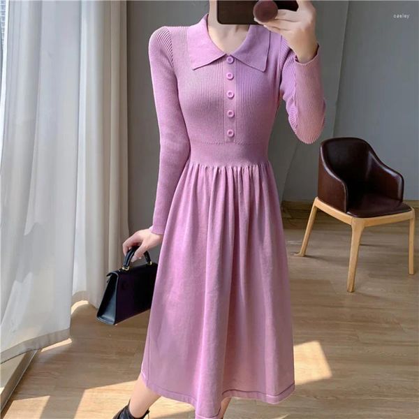 Lässige Kleider Korean Chic Herbst Winter Purple Pullover Kleid elegante Frauen rücken Kragen Stricken lang Ärmeln weiche schlanke Taille Midi