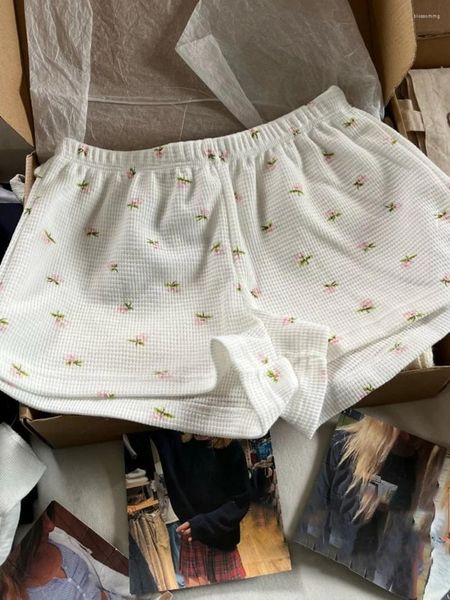 Shorts femininos waffle branco floral mulheres verão doce cintura alta algodão macio e reto casual vintage calça de roupa íntima caseira fofa