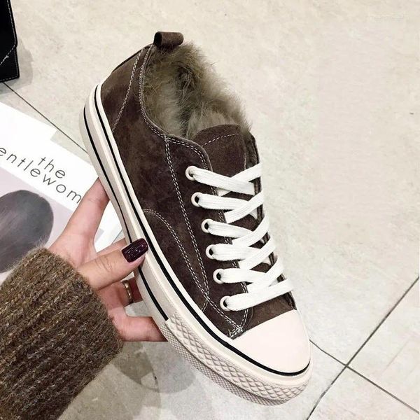 Lässige Schuhe Frauen Wohnungen Schuh Winter Fleece Futter warm warmes adrettes Stil Pelz Leinwand Streetwear Chaussures Femme Girls Schuhe Schuhe