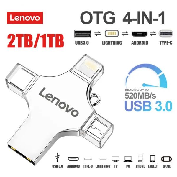 Adaptador Lenovo USB Flash Drive Android 2TB Lightning OTG Pen aciona 1 TB Silver TypeC Memory Stick 4 em 1 micro USB 3.0 Stick para PC