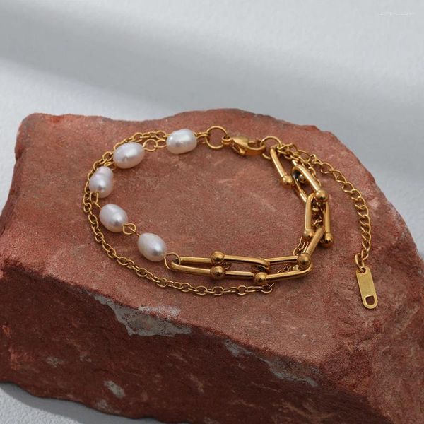 Braccialetti fascino moda in acciaio in acciaio inossidabile Bracciale impermeabile e resistente alla dissolvenza 18k oro vero oro macinato perla d'acqua dolce naturale 2024