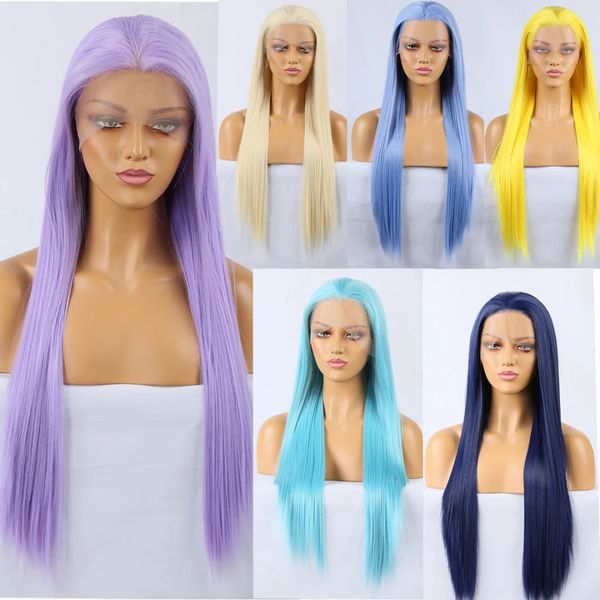 Yeni Voguequeen Pembe Yeşil Mor Mavi Sarı 13x2.5 Sentetik Dantel Ön Peruk Uzun Düz Yüksek Sıcaklık Partisi Cosplay Cosplay Kadınlar Gluoness Wig