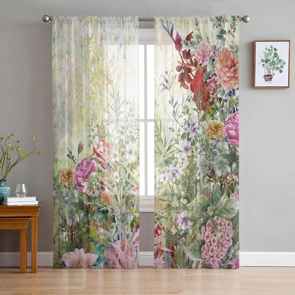 Janela de tule vintage de flores silvestres para a sala de estar moderna com cortinas de cozinha de quarto moderno