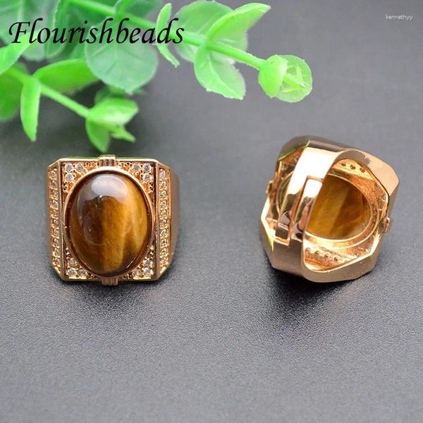 Anelli a grappolo 5 pezzi Natural Tiger Eye Stone Anello CZ perline pavimentate per donne uomini a mano Superficie regalo di gioielli di lusso 20x20mm