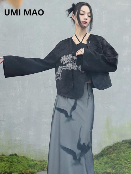 Jackets femininas Umi mao chinês casaco curto spring retro cardigã gusong bordado diagonal front top femme