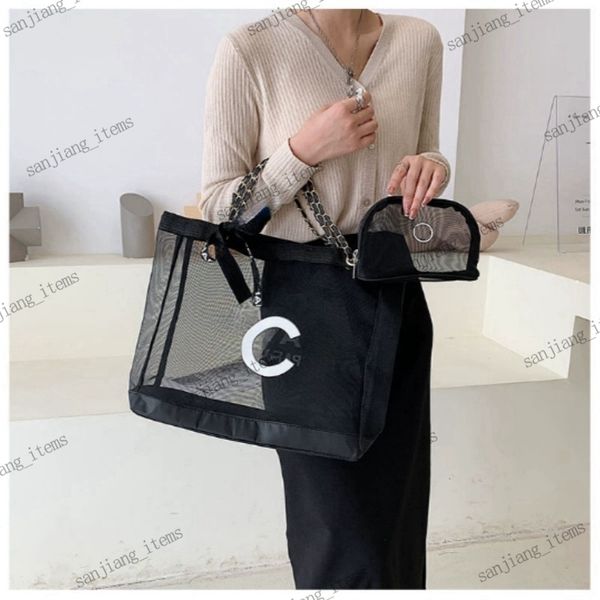 Sagniere da designer 2C Clear Black Mesh Beach Tote famose borse a spalla di bellezza zip da donna intorno a mezzaluna cosmetica logo logo da viaggio di grandi dimensioni.